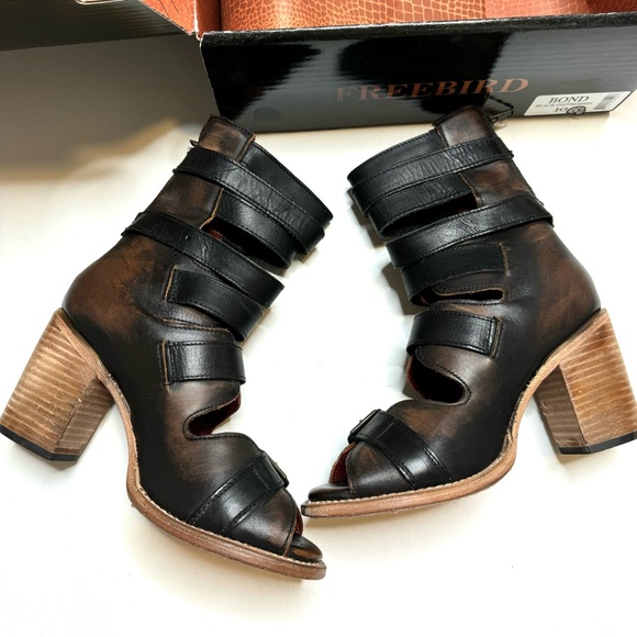 Freebird Bond Black Distressed Block Heel Sandals Multi Strap & Buckle Size 10 - Picture 7 of 16